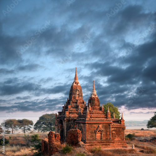 view to the ruins at the valley of Bagan with its ancient buddhist pagodas, Myanmar (Burma)