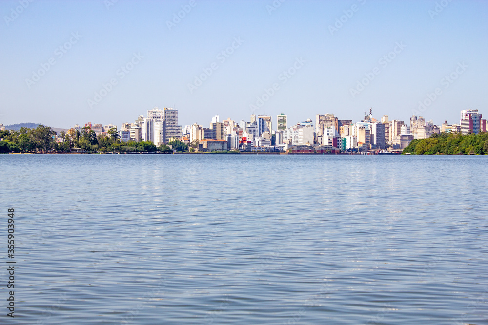 Buildings in Porto Alegre city and Guaiba river