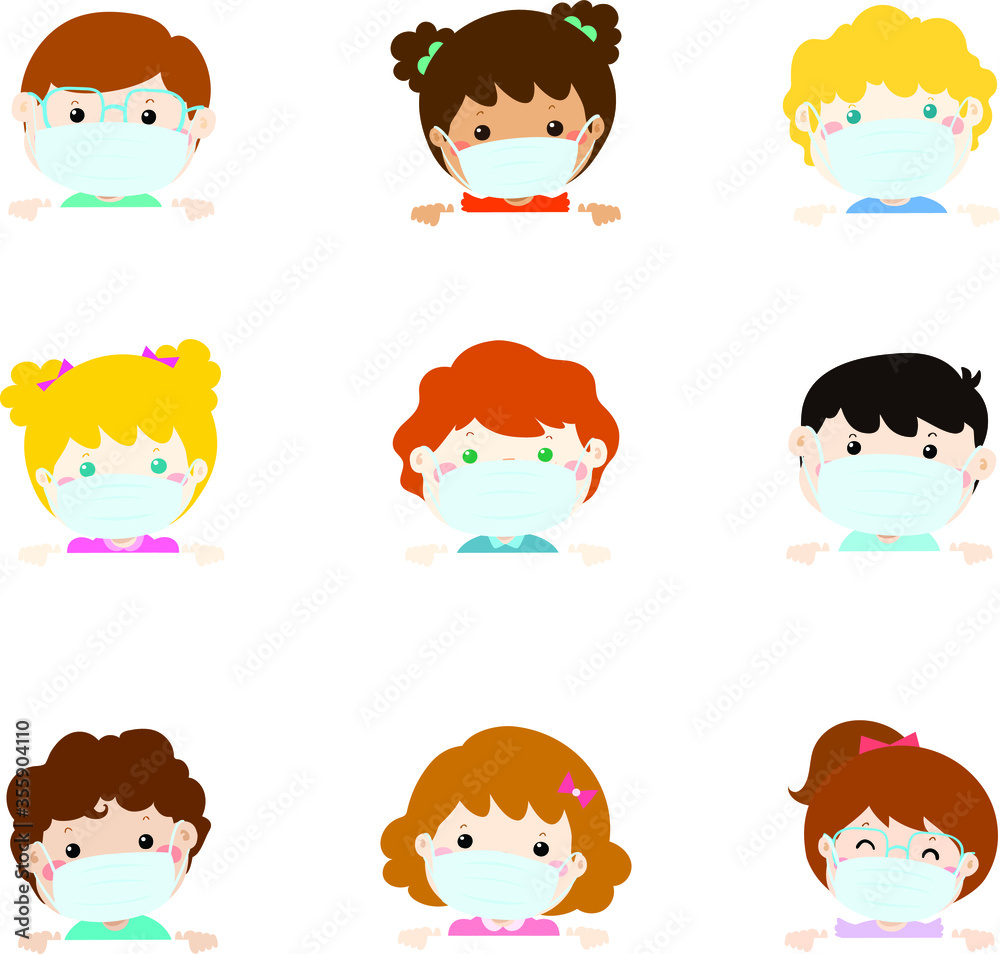 Children wearing a surgical mask holding empty board ready for text vector illustration. Children wearing a surgical mask holding empty board ready for text vector illustration.