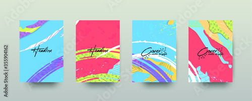 Set of bright, colorful a4 covers. Trendy style include abstract splashes texture by waves, linear 3d polygonal, handmade patterns. Turnkey solution. Vector illustrations collection.