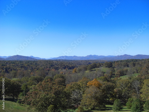 Scenic view to the Smoky Mountains of North Carolina at a blue sky day during fall.