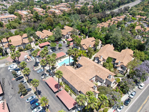 Aerial view middle class neighborhood with private condo community in Rancho Bernardo, South California, USA.