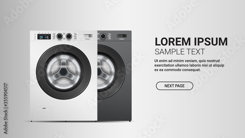 realistic washing machines modern white and gray washers domestic household appliances concept horizontal copy space vector illustration