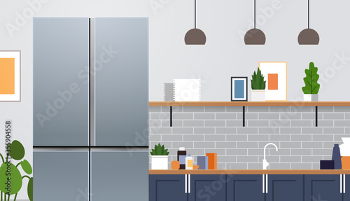 silver side by side refrigerator in modern kitchen interior home appliance concept horizontal vector illustration