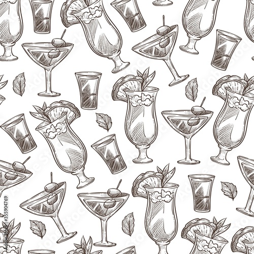 Alcoholic cocktails served in glasses with straws seamless pattern