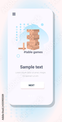 wood block stack tower table game concept smartphone screen mobile app copy space vertical vector illustration