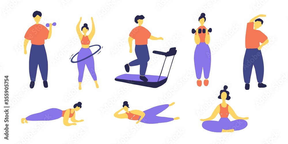 Male and female training, workout concept. Man doing different sport exercises. Woman engaged pilates. Flat vector illustration Male and female training, workout concept. Man doing different sport exercises. Woman engaged pilates. Flat vector illustration