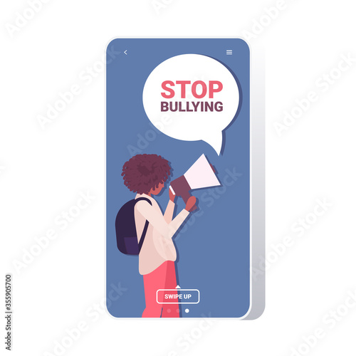 african american woman shouting into megaphone to stop bullying depressed girl announcing with loudspeaker psychotherapy concept smartphone screen copy space portrait vector illustration