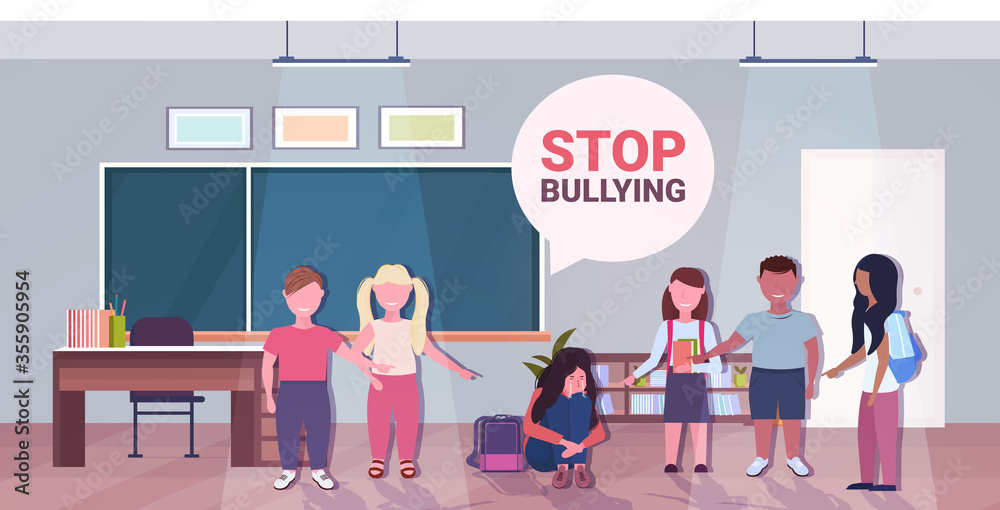 schoolboy being bullied by mix race classmates violence social anxiety stop bullying psychotherapy concept school classroom interior horizontal full length vector illustration schoolboy being bullied by mix race classmates violence social anxiety stop bullying psychotherapy concept school classroom interior horizontal full length vector illustration