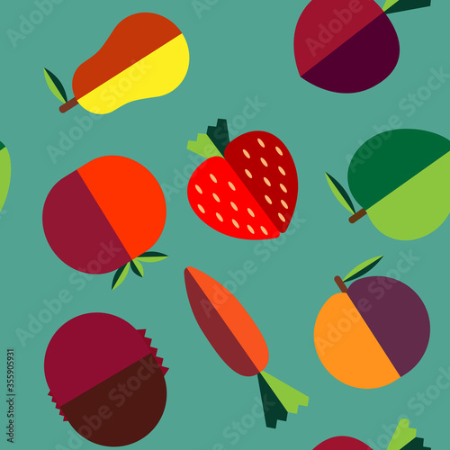 A seamless pattern with vegetables and fruit on a blue background in the flat style. Vegan texture