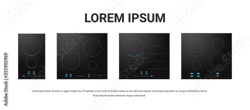 set black inductive hob with ceramic surface top view of electric stove domestic equipment home appliance concept flat copy space horizontal vector illustration