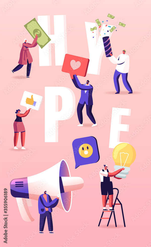 Hype, Social Media Viral or Fake Content Spreading Concept. Tiny Characters with Huge Letters and Megaphone. Money Bills Flying around. Poster Banner Flyer. Cartoon People Vector Illustration