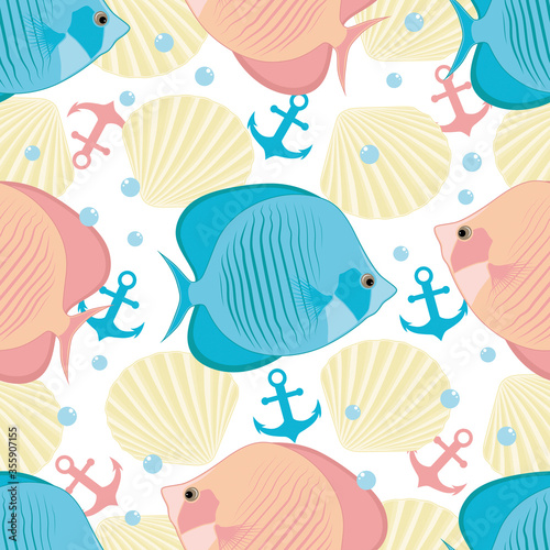 Seamless texture with the image of fish, anchors, shells. Marine vector image.