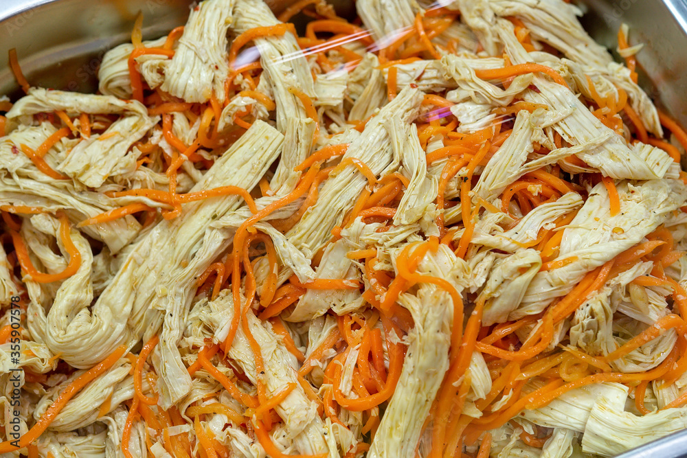 soy asparagus salad with carrots sale of finished products in the market, hypermarket soy asparagus salad with carrots sale of finished products in the market, hypermarket