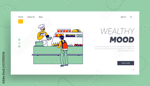 Student in Canteen or Cafeteria Landing Page Template. Schoolboy at Counter Desk with Chef Character in School Cafe. Child Taking Meal for Dining in College. Linear People. Linear Vector Illustration