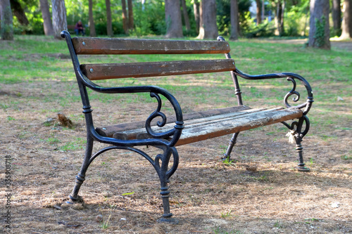 empty park bench in the forest on sunny day