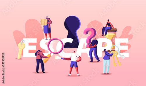 Escape Room Concept, Tiny Characters Playing Quest Game Solve Puzzle During Riddle. Friends Company Adventure Recreation. People with Key and Hourglass Poster Banner Flyer. Cartoon Vector Illustration