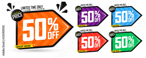 Set Sale 50% off banners, discount tags design template, special offer, end of season deal, app icons, vector illustration