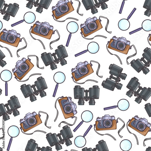 Camera and magnifying glass, binoculars equipment for spying