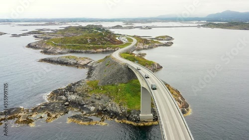 Aerial view panorama of a bridge on Atlantic Ocean Road in Norway. The road classified as a National Tourist Route.
