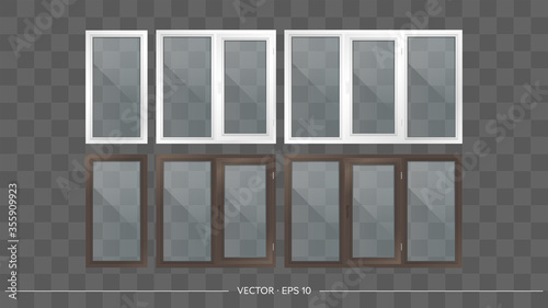Set of metal-plastic balconies with transparent glasses. Modern balconies in a realistic style. Vector.
