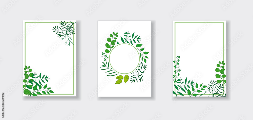 Invitation cards with natural leaves, herbs, grass and branch.