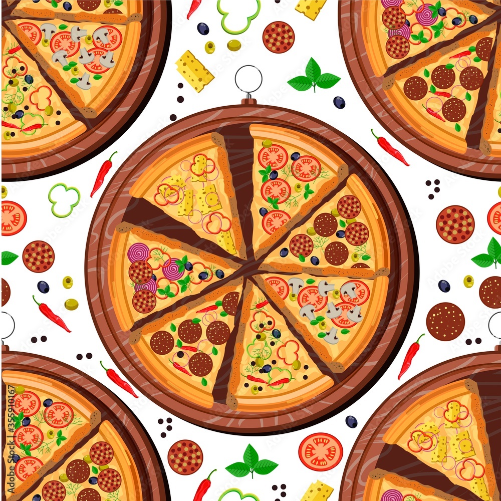 Pizza slices on wooden tray, Italian dish seamless pattern
