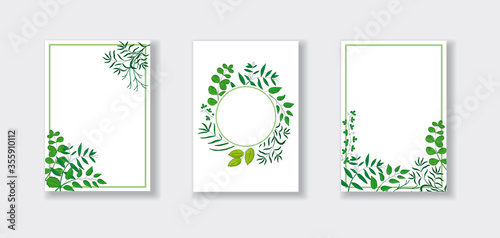 Invitation cards with natural leaves, herbs, grass and branch.