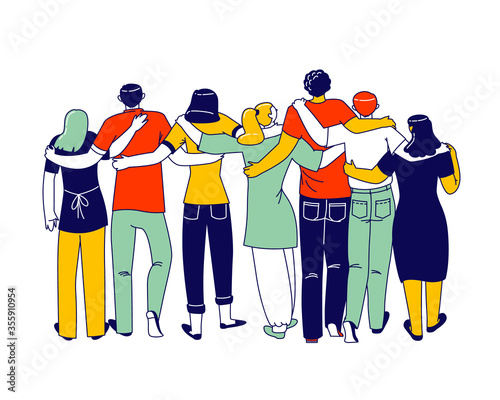 Hugs with Friends Concept. Diverse Multiracial Male and Female Characters Stand in Row Hugging Each Other Rear View. International Friendship Day Celebration, Peace. Linear People Vector Illustration