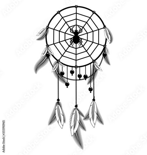 white black colored image of dreamcatcher with feathers and spider
