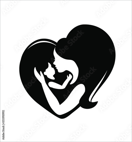 Mother and baby.Vector silhouette drawing illustration of a mother holding a baby in her arms in a frame of hair in the shape of a red heart. Family logo design.A woman with a small child.Love symbol.