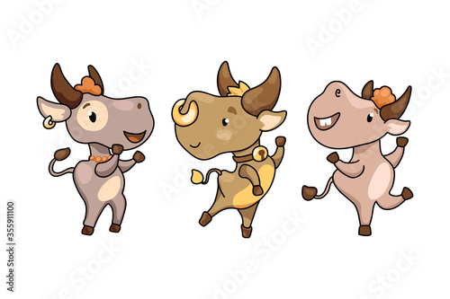 Cute cartoon cow or bull character set vector illustration on white background. Cheerful ox dancing. 2021 Lunar Year