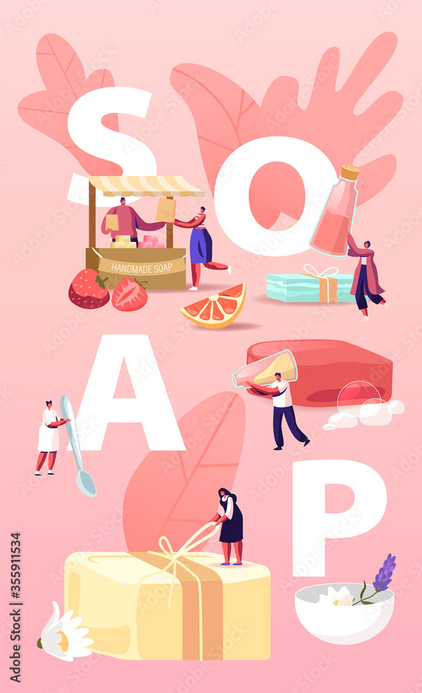 Handmade Soap Concept. Tiny Male and Female Characters Making Craft Lather of Natural Organic Ingredients, Herbs and Oils for Sale on Market Poster Banner Flyer. Cartoon People Vector Illustration