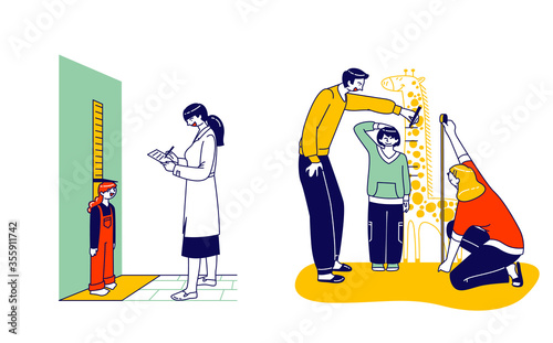 Child Height Measuring Concept. Doctor Character Writing in Notebook, Little Girl Stand at Wall with Scale. Parents Measure Son Height at Giraffe Meter, Baby Growing. Linear People Vector Illustration