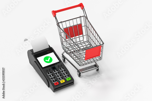 POS machine with shopping cart, 3d rendering.
