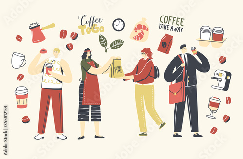 People Buying and Drinking Takeaway Coffee or Hot Drinks in Disposable Cardboard Cups. Male and Female Characters Morning Refreshment, Employees Coffee Break at Office. Linear Vector Illustration