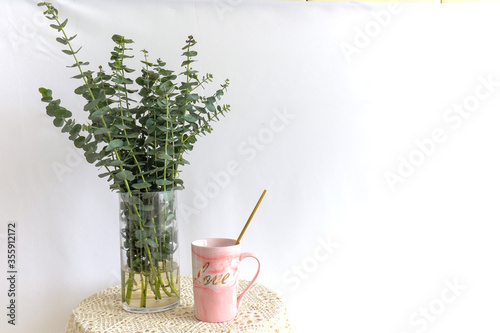 Fototapeta Naklejka Na Ścianę i Meble -  Green plant and cup on the round table, interior decoration, copy space