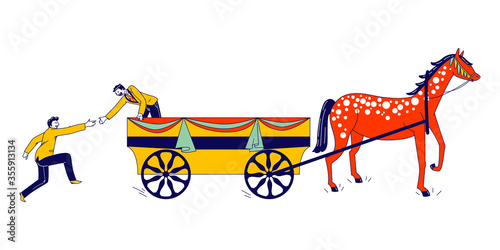 Jump on the Bandwagon Concept. Male Character Follower Chasing and Jumping into Wagon Pulled with Horse. Join Activity that Become Very Popular, Famous and Trendy. Linear People Vector Illustration