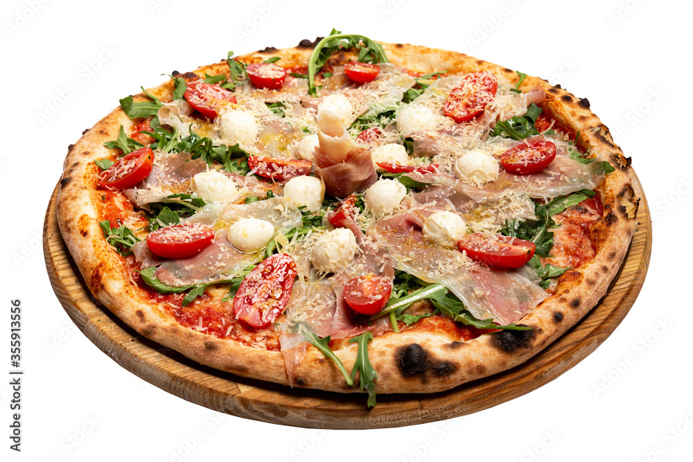 Pizza with cheese, meat and tomatoes on a white background Pizza with cheese, meat and tomatoes on a white background