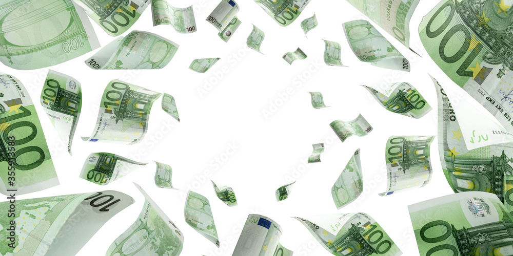 Counting euro banknote falling isolated. Money cash texture on white background. - obrazy, fototapety, plakaty 
