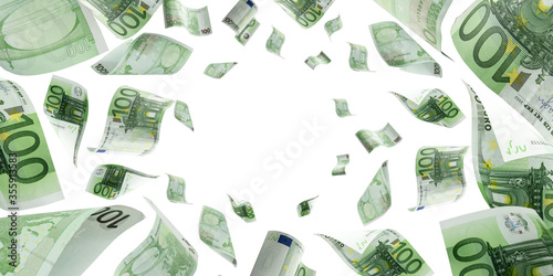 Counting euro banknote falling isolated. Money cash texture on white background. photo