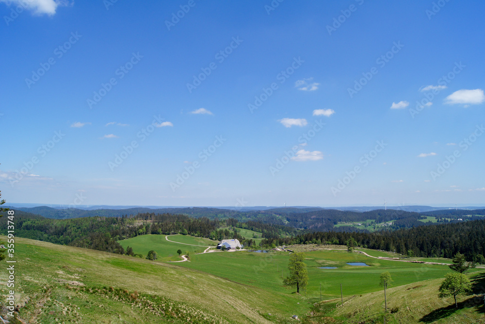 Scenic view over a meadow in the Black Forest, a large, forested mountain range in the southwest of Germany. A farmhouse is located in the center. Two wind power plants are in the background.