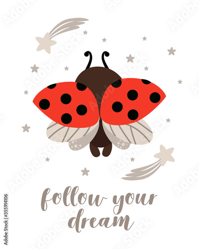 poster follow your dream with ladybug - vector illustration, eps 