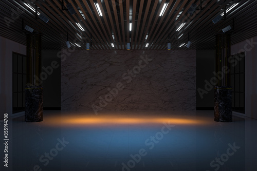The empty showroom with glowing lights  3d rendering.