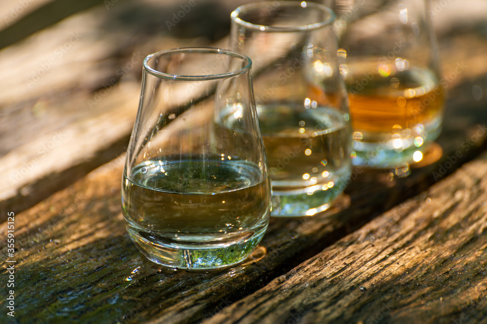 Tasting of different Scotch whiskies on outdoor terrace, dram of whiskey