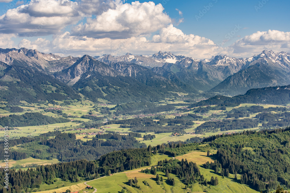 spectacular panoramic view over the Iller vally to the Allgau High Alps between Sonthofen and Oberstdorf, Allgau Alps, Bavaria, Germany, Landscape photography