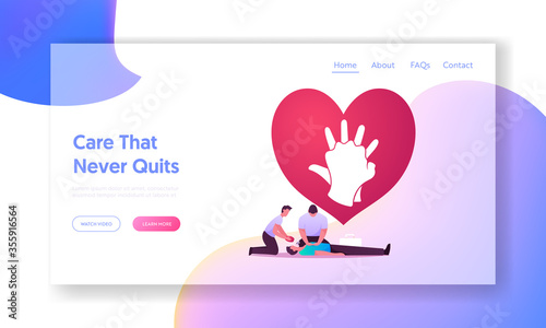 Cardiopulmonary Resuscitation Cpr Emergency Procedure Landing Page Template. Medic Character Combine Chest Compression Artificial Ventilation to Critical Patient. Cartoon People Vector Illustration