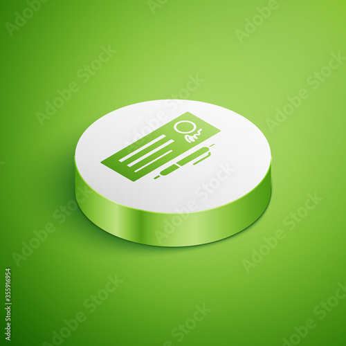 Isometric Blank template of the bank check and pen icon isolated on green background. Checkbook cheque page with empty fields to fill. White circle button. Vector Illustration