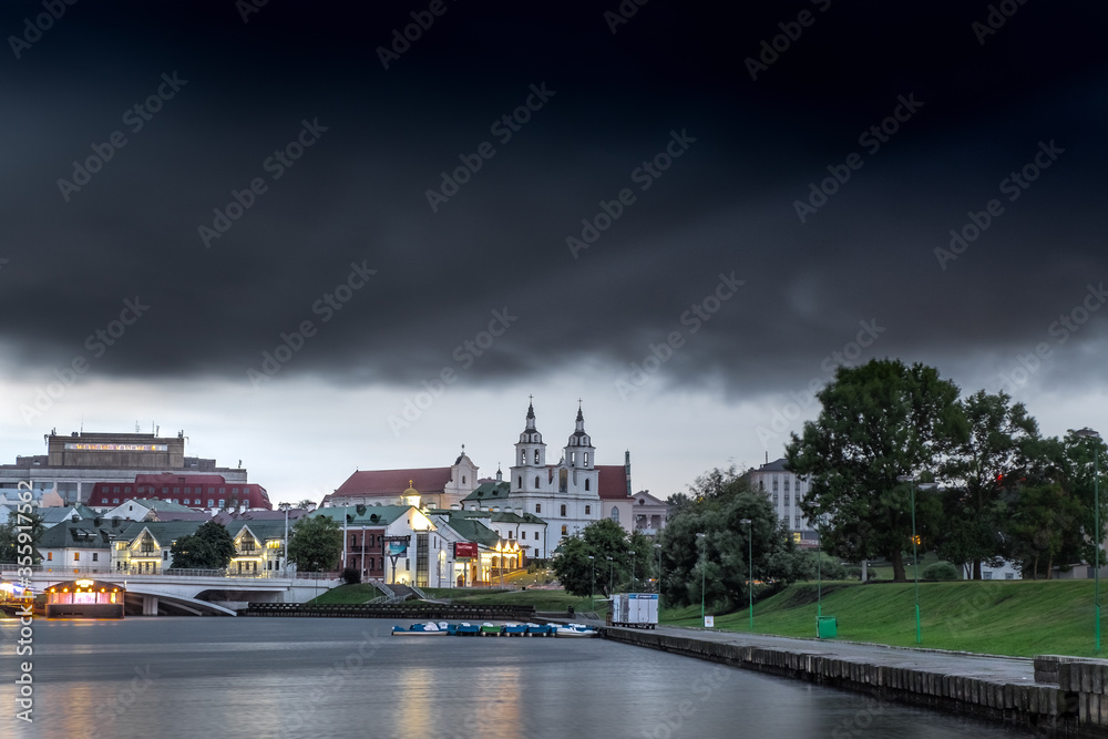 MINSK, BELARUS - the approaching storm near The Cathedral Of Holy Spirit - The Famous Main Orthodox Church Of Belarus And Symbol Of Capital