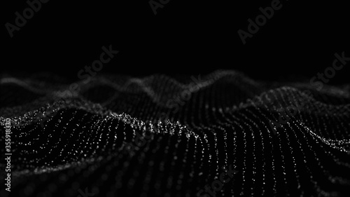 Wave 3d. Wave of particles. Abstract Black Geometric Background. Big data visualization. Data technology abstract futuristic illustration. 3d rendering.